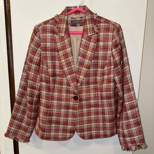 Koret Women's Size 12 Fringe Multicolor Pink and Cream Plaid Jacket Blazer